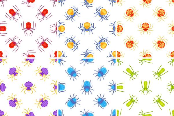 Colorful spider patterns repeating on white background