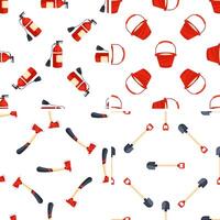 Firefighting tools seamless pattern showing fire extinguishers, buckets, axes and shovels vector