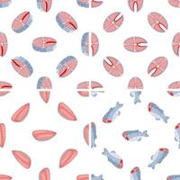 Seamless pattern with salmon steaks and fish on white background vector