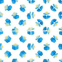 Seamless pattern of blue gift boxes with gold ribbons floating on white background vector