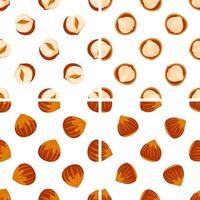 Hazelnut seamless pattern showing whole, half and peeled nuts vector