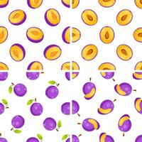 Seamless pattern with whole and halved plums showing the pulp and the pit vector