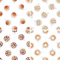 Seamless pattern with various types of coffee presenting latte art, chocolate topping and marshmallows vector