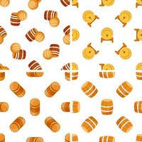 Seamless pattern with wooden barrels lying, standing and cut in half, viewed from different angles vector