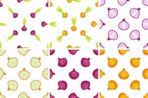 Seamless pattern with red and yellow onions, whole, halves and growing vector