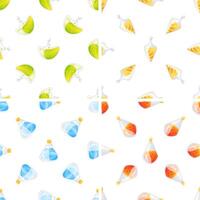 Seamless pattern with colorful magic potions in bottles and vials, repeating on white background vector