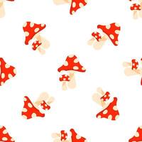 Red mushrooms with white dots growing on white background seamless pattern vector