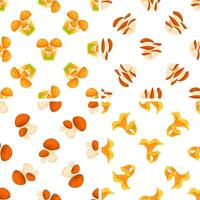 Seamless pattern with different edible mushrooms growing on grass and cut in half on white background vector