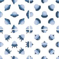 Four seamless patterns with flying saucers hovering and landing vector