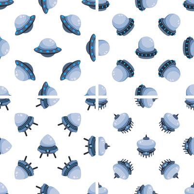 Four seamless patterns with flying saucers hovering and landing