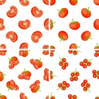 Seamless pattern with ripe red tomatoes, halves and slices of tomatoes and cherry tomatoes on the vine on white background vector