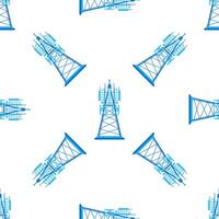 Seamless pattern with blue telecommunication tower providing wireless signal transmission service vector