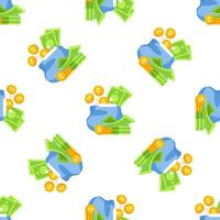 Blue Wallet Overflowing with Cash and Coins Seamless Pattern on White Background vector
