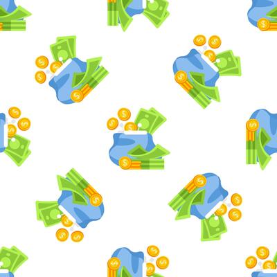 Blue Wallet Overflowing with Cash and Coins Seamless Pattern on White Background