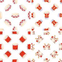 Set of seamless patterns with red drums, tom toms and drum kits, repeating percussion instruments on white background vector