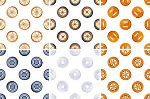 Seamless patterns with wheels, tires and shields showing different materials and colors vector