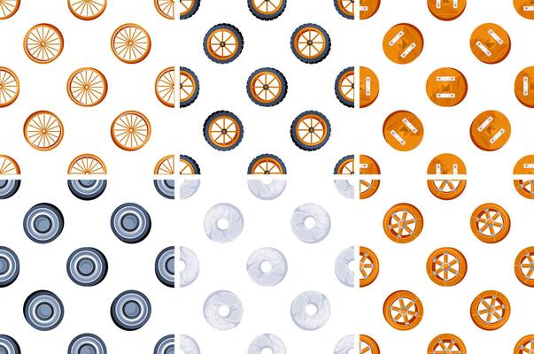 Seamless patterns with wheels, tires and shields showing different materials and colors