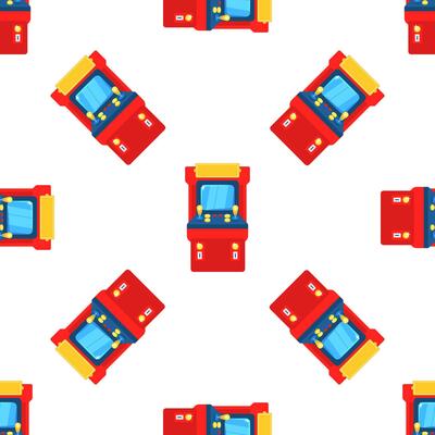 Red arcade game machine seamless pattern on white background