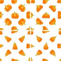 Seamless pattern with pumpkins, whole, halved and quartered, rotating on white background vector