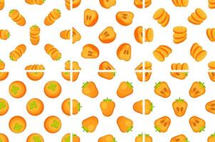 Persimmon fruit pattern showing whole, sliced and halved orange persimmons on white background vector