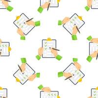 Hands completing checklist on clipboard, seamless pattern background vector