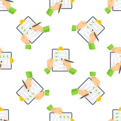 Hands completing checklist on clipboard, seamless pattern background