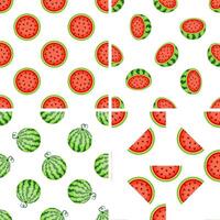 Four summer seamless patterns with whole, sliced and halved watermelons on white background vector