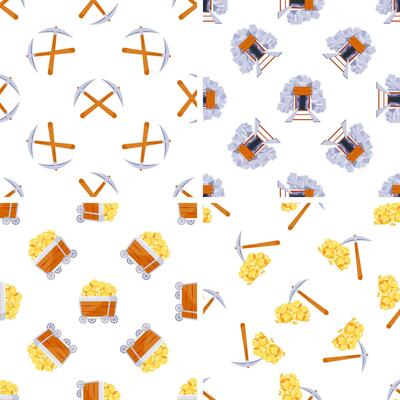Mining industry seamless pattern with mining carts, pickaxe and mine entrance