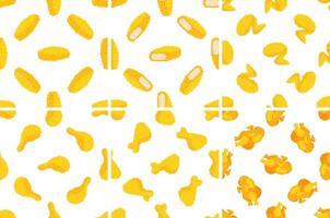 Seamless pattern with crispy fried chicken nuggets, wings, legs and breasts on white background vector