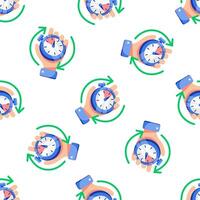 Hand holding stopwatch with rotating arrows seamless pattern vector