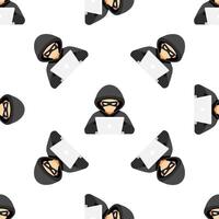 Masked hacker committing a cyber crime using laptop vector