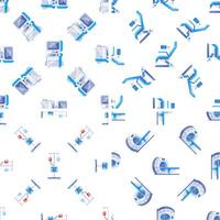 Medical equipment creating a seamless pattern, featuring ultrasound, mri, ct scan, and iv drip vector
