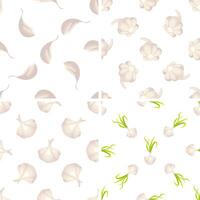 Seamless pattern with garlic cloves, heads and green sprouts showing different stages of growth vector