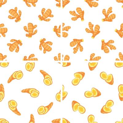 Turmeric roots and slices seamless pattern showing healthy spice for cooking and alternative medicine
