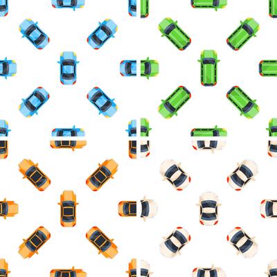 Seamless pattern of colorful cars parking viewed from above