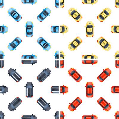 Seamless pattern of colorful taxi, sedan and limousine cars, top view