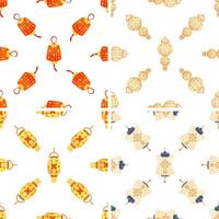 Four seamless patterns showing traditional chinese paper lanterns hanging for decoration vector