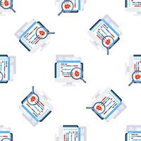 Magnifying glass inspecting computer code for bugs on monitor screen, seamless pattern vector