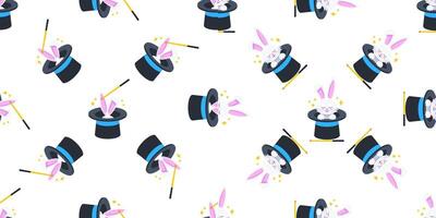 White rabbit appearing from magician top hat seamless pattern vector