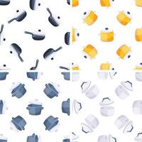 Seamless pattern with cooking pots and frying pans showing kitchenware for food preparation vector