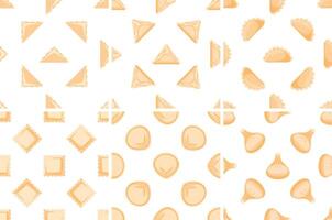 Seamless pattern showing different types of filled pasta including ravioli, tortellini, and dumplings on white background vector