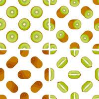 Seamless kiwi pattern showing whole, sliced and halved kiwis on white background vector