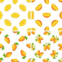 Seamless pattern with fresh mango fruit, slices, flowers and leaves showing different stages of ripeness vector