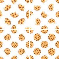 Seamless pattern with chocolate chip cookies, whole, bitten and broken cookies on white background vector