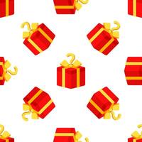 Red gift boxes with yellow ribbons and question marks forming a seamless pattern on white background vector