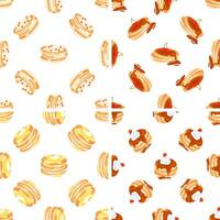 Delicious pancakes seamless pattern with different toppings repeating on white background vector