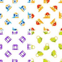 Bouncy castles, inflatable slides, and wedding gazebo repeating seamless pattern on white background vector