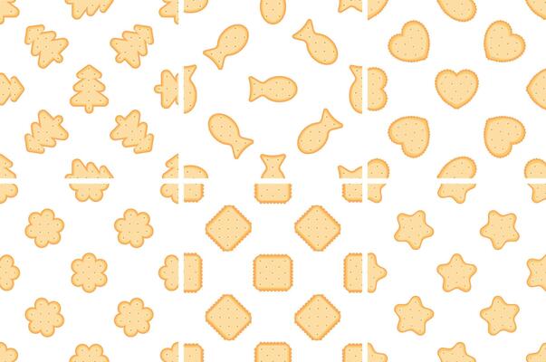 Delicious crackers forming various seamless patterns on white background