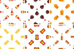 Seamless pattern with bottles and containers of ketchup, mustard and soy sauce rotating on white background vector