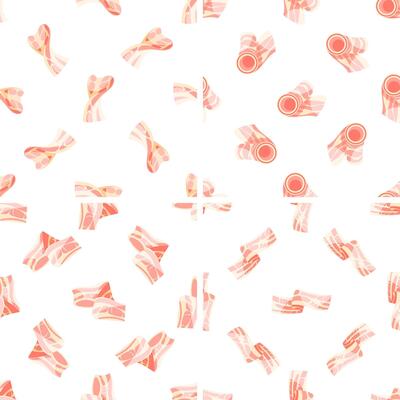 Seamless pattern with bacon slices rolling and unfolding on white background
